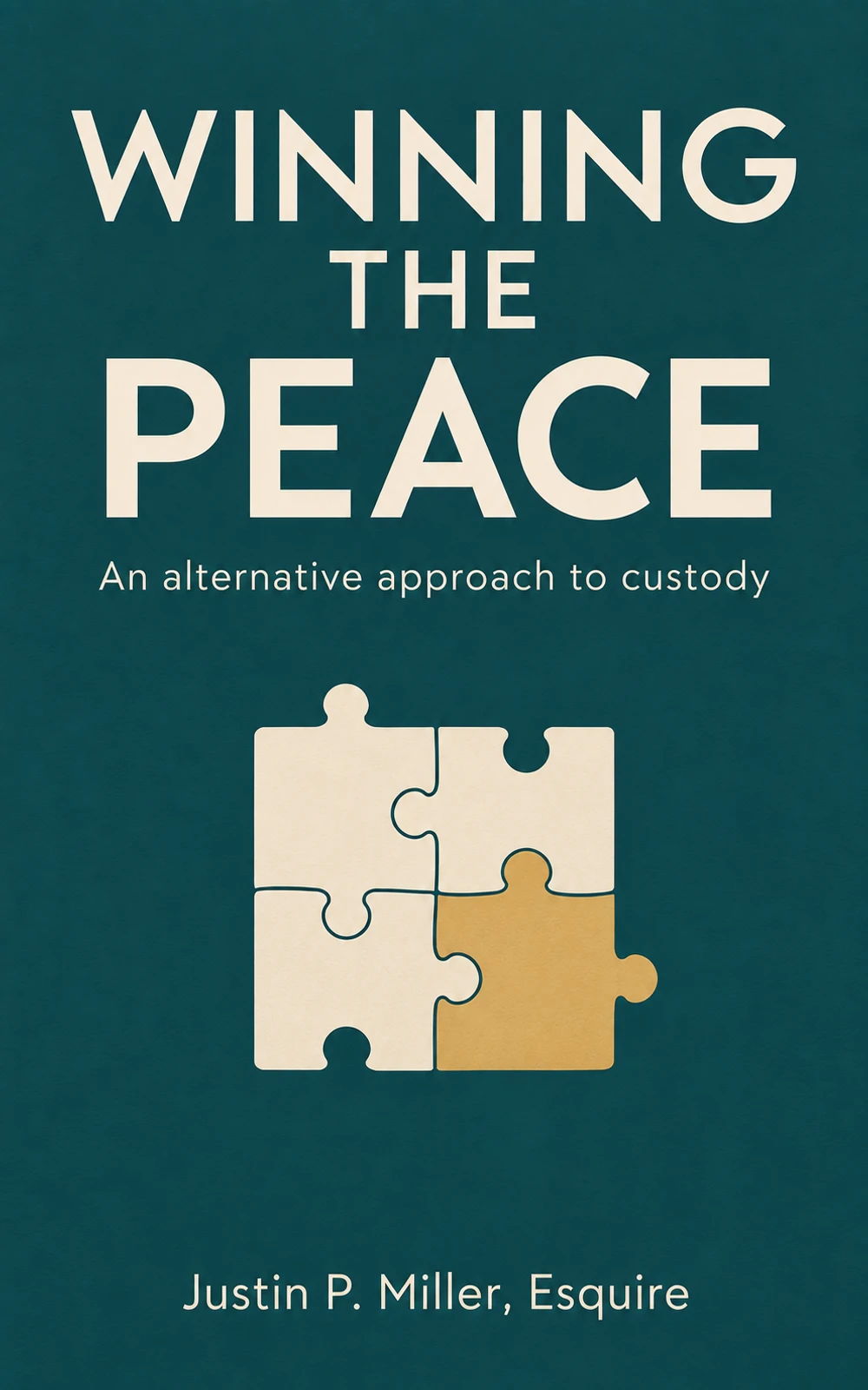 Winning the Peace book cover: cream lettering and interlocking cream and gold puzzle pieces on a deep teal background.